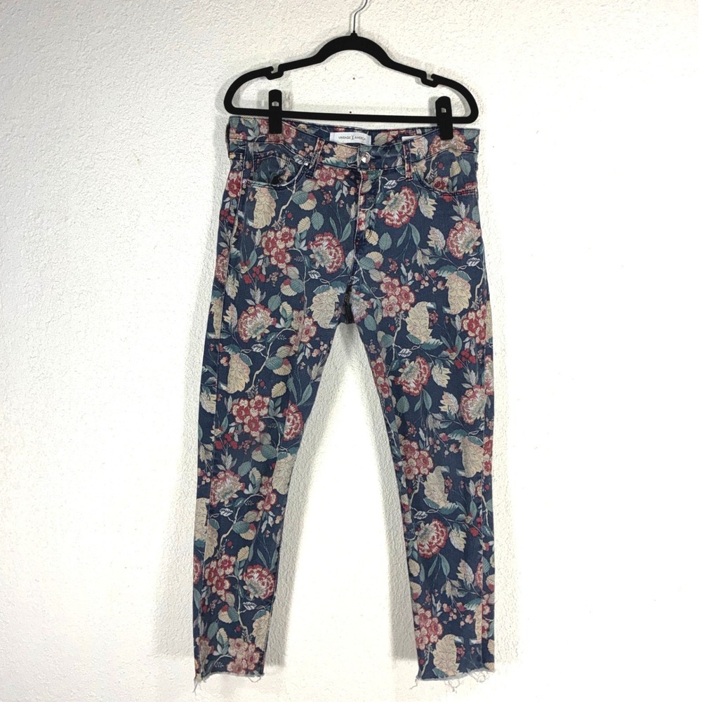 Vintage America Wonderland Skinny Ankle Floral Print Jeans Blue Pink